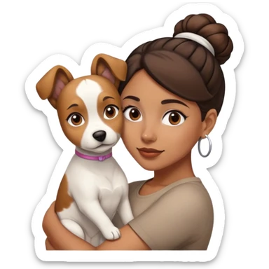 sort, 30 year old, brown girl, back Bun hairstyle, with a white brown dog sticker