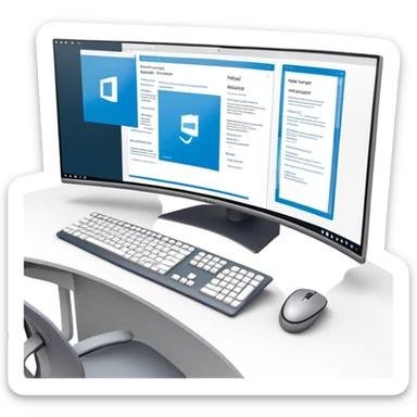 Create an emoji for UX/UI design. Show  large curved monitor displaying windows with UX/UI design HTML program interface. Include a mouse, keyboard, and stylus next to the screens. Use modern, professional colors. Do not include any emojis or smiley faces. Make the background transparent. sticker