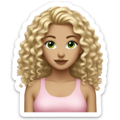 Dirty blonde curly hair, fair skin,dark green eyed blonde girl wearing light pink sticker
