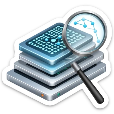 An icon featuring stacked server disks, a digital network grid, and binary code, symbolizing databases. The design includes data flow arrows and a magnifying glass, representing storage, organization, and retrieval of information. Transparent background highlights data-driven technologies. sticker
