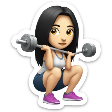 Pale girl with long black hair squatting weight, with laptop  sticker