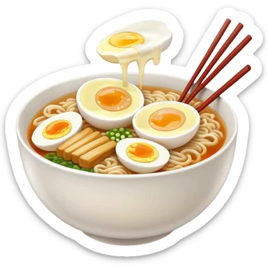 ["Bowl of ramen with soft-boiled egg and chopsticks."] sticker