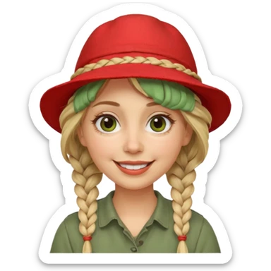messy green clay mask and red tourist hat blond braided woman big eyes smiling sticker