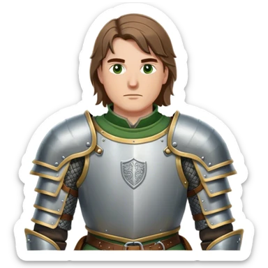 medieval battle armor worn by a DnD themed fantasy character. basic padded gambeson with metal pauldrons and a reinforced gorget. armor only above the waist. The armor full waist. The character's haven't arms. character is brown hair green eyes shoulder-length straight hair white man. sticker