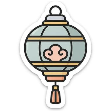 beautiful Chinese lantern with golden decor and tassel, thin clean outlines, soft rounded shapes, pastel palette #98B5BC, #B5B3C1, #C9A3C9, #E4C0CA, #F7DCD1, #F7C0AA, detailed shadows and highlights, soft lighting, transparent background, oriental style sticker