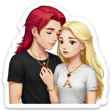 young 20 year old couple kissing, girl with long cherry red hair and blonde eyebrows wearing gold necklace with letter A, diamond gold ring, red bracelet and light clothes, boy with pure snow white hair wearing dark t-shirt and silver ring with black stone sticker