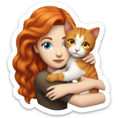 Realistic white girl dark red hair and blue eyes hugs a orange cat  sticker