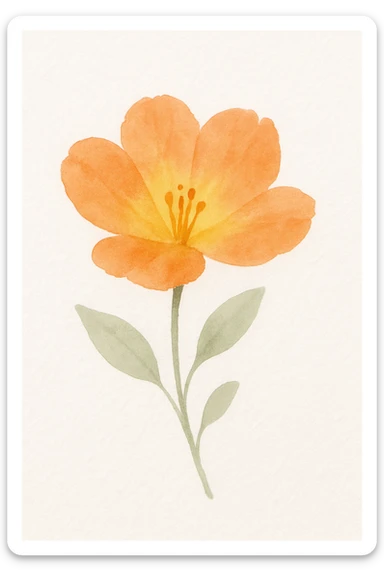 an orange flower with yellow on the inside, soft watercolor style, delicate brush strokes, gentle blending sticker