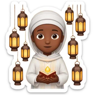 Personnage 3D mignon en style Pixar, un petit garçon portant un qamis blanc et un kufi, tenant un tapis de prière, entouré de lanternes brillantes, fond doux, couleurs chaudes, garçon teint noir sticker