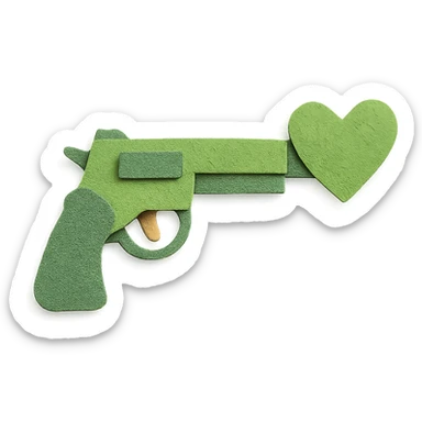 green heart pistol, paper craft style, layered paper textures, handmade look sticker