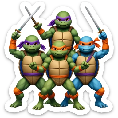 Give me a picture of 4 teenage mutant ninja turtles. Make them hold a fighting pose. One should be red, another orange, another purple, another blue sticker