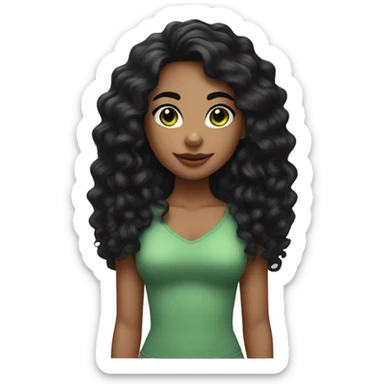 long curly black hair, full body head to toe, eyes with a hint of green, eyes positive  canthal tilt ,medium thick eyebrows , and thin lips, round face shape, soft jawline, full body, teen, sensual, american, woman, well defined feminine body sticker