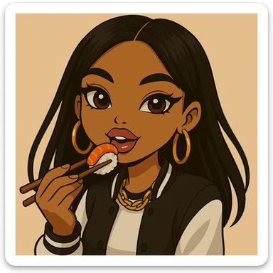 Change her pose to eating sushi with chopsticks, headshot only, 20-year-old anime Bratz style woman with dark skin, straight hair, trendy outfit, big expressive eyes, glossy lips, no hat, no tears, happy expression, both eyes open, looking straight ahead. sticker