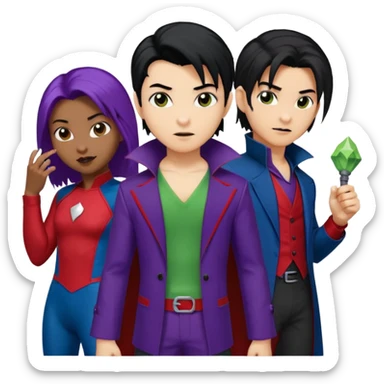 Solo poly platonic relationship, one African girl, one Asian boy, one biracial features Asian tomboy girl rat-tail hair long and upper masculine hair 90s, vampire and marvel cosplay elements inspired  use marvel colours, like instead of obvious human, green purple blue etc,  sticker