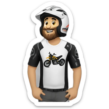 Chico medio gordo canoso blanco con barba  sobre una moto de enduro con remera negra con lobo BMS  sticker