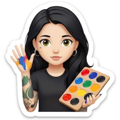 A girl with long black hair  light complexion and hazel eyes and black tattoos on right arm holding a paint palette  wearing black shirt sticker