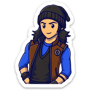 Jay from Descendants, long hair in a beanie, leather vest, athletic build sticker