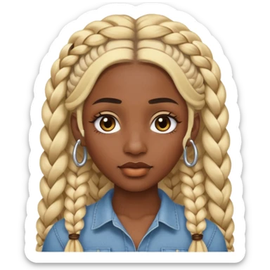 A dark-skinned woman with long blonde hair styled into two thick braids, large golden-brown eyes and arched eyebrows.  a silver eyebrow ring, a nose stud, and a lip ring. sticker