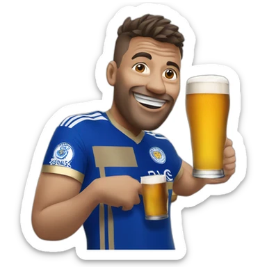 Leicester city supporter with a pint sticker