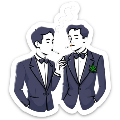 Two men in tuxedos smoking cannabis at a wedding party sticker