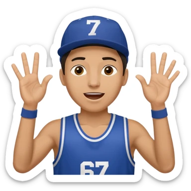 Maverick Trevillian in the crowd at an amateur basketball game. He leans towards the camera and enthusiastically shouts "six seven while performing a distinctive hand gesture: both hands open, palms facing upward, moving up and down as if weighing two options. sticker