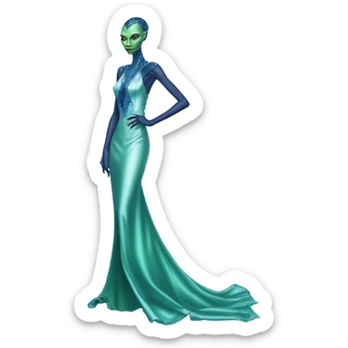 reptilian green alien woman, in long slim pastel blue formal party satin dress with gradient shiny sparkling navy blue diamonds embroidered, full body full figure sticker