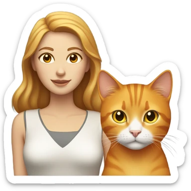a woman with light brown hair, lightly tanned white skin with honey-colored eyes, and an orange cat with yellow eyes sticker