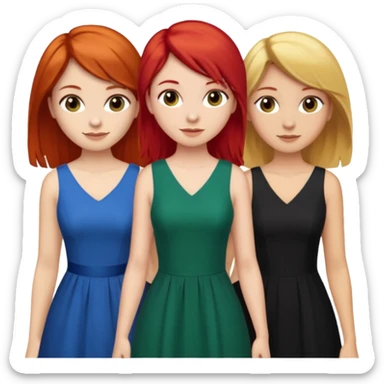 Can you create an image of 3 friends together one with red bright hair light skin one the other with brown hair with some blonde highlights in the hair fair skin the last one with light brown a tint of orange hair and black long hair with brown with dresses sticker