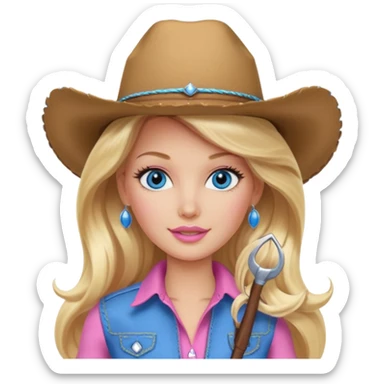Cowgirl barbie in a pink outfit with cowboy hat with long blonde hair and blue eyes sticker