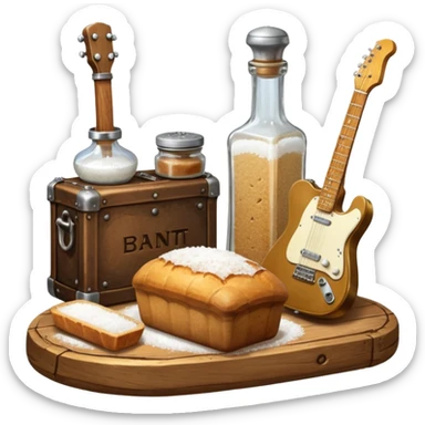 cinematic ultra HD steampunk victorian - a bottle of salt (salt shaker) and a loaf of peasant bread with a small electric telecaster guitar - still life composition sticker