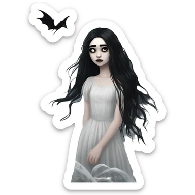Dramatic girl  goth white pale with dark lighting  with black hair  in river with very very long lace dress  black long hair flying in the wind sad face  white eyes sticker