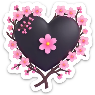 goth sakura heart, black heart with sakura branch and glowing blossoms sticker