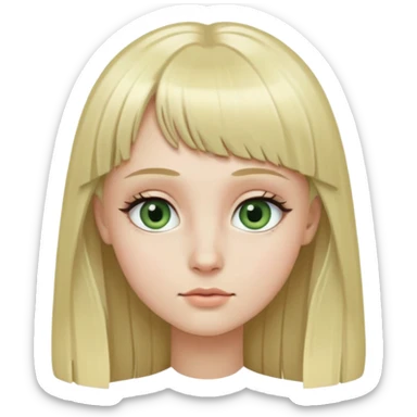 Girl with long blonde hair, micro bangs, no eyebrows, grey green eyes, and long eyelashes sticker