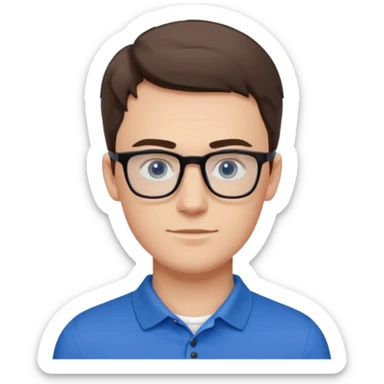 Scott The Woz Young white man, late 20s, short brown hair, blue eyes, clean-shaven, thin black rectangular glasses, slim build, wearing a blue polo shirt, friendly and energetic look. sticker