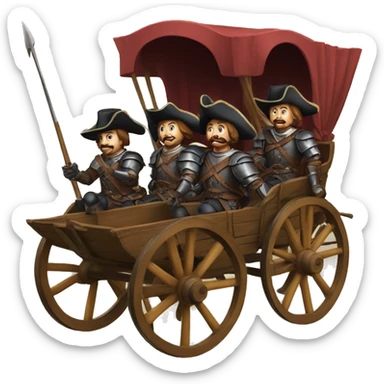 four 17th century musketeers driving a wagon, no weapons sticker