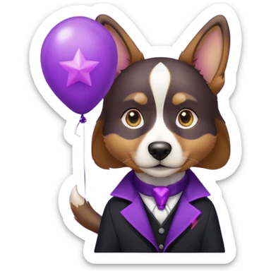 Dog hold purple star shape balloon, black jacket sticker