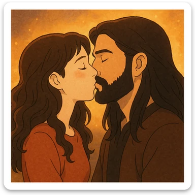 ghibli style of a white woman with long dark brown wavy hair and a white man with long hair and black beard kissing, warm light sticker