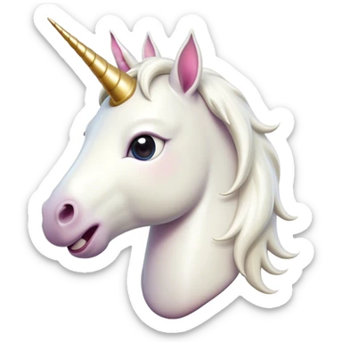 Cinematic Comical White Unicorn Portrait Emoji, Head tilted dramatically with an exaggeratedly amused expression, featuring a slender, radiant form with a playfully sparkling horn and wide, comically expressive eyes full of enchanting disbelief, Simplified yet hilariously expressive features, highly detailed, glowing with a slightly sassy magical glow, high shine, dramatic yet playful, stylized with an air of cheeky mythic mischief, soft glowing outline, capturing the essence of a meme-worthy white unicorn that looks ready to prance its way into viral fame! sticker