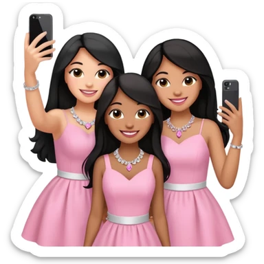 Just 3 besties with professional glammed up looks wearing pink and white, all medium skin tone smiling big with black long hair. Very girly wearing jewelry, taking a selfie  sticker