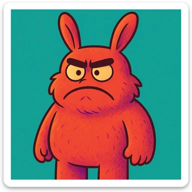 Close the monster's mouth, furrow the nonexistent eyebrows to express anger, add fur on the body, keep the cartoon style, rabbit ears, nine teeth not visible. Render in a colorful cartoon style. sticker