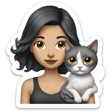 Beautiful dark haired tattooed woman holding gray and white long hair cat sticker