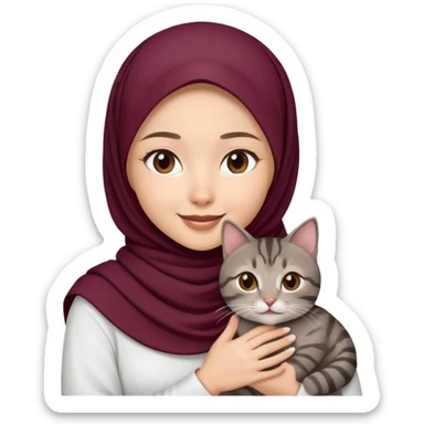 Asian white Girl wearing dark maroon hijab with white shirt smiling while holding a black brown grey tabby cat sticker