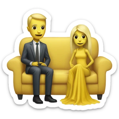 blonde alien reptilian woman in jellow dress and humman man, sitting on a couch  sticker