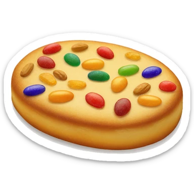 "Draw an emoji of a 'coca de San Juan,' an oval-shaped, golden Catalan pastry decorated with colorful candied fruits, pine nuts, and sprinkled with sugar. sticker