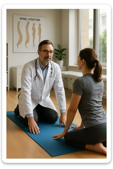 A realistic, cinematic illustration of a professional doctor in a white coat inside a bright, modern medical office, demonstrating a simple stretching exercise to a patient for improving posture. The doctor, calm and encouraging, shows a gentle spinal extension stretch while explaining its benefits for posture and spinal health, with an anatomical poster of the spine and posture alignment in the background. The scene includes a yoga mat, clean wooden floors, and natural light streaming through large windows, creating a warm, health-focused atmosphere. The patient, in comfortable activewear, watches and mirrors the stretch, emphasizing the preventive and therapeutic role of stretching for posture correction under medical guidanc sticker