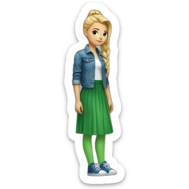 Blonde girl with bang and pony tail, in blue denim jacket, white T-shirt, green tights and elongated blue chiffon skirt sticker
