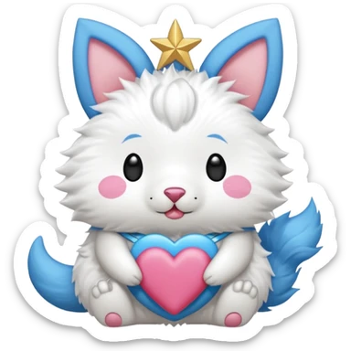 GENERATE ME A MOMONGA WHITE ANIMAL  FROM CHIIKAWA AND PUT A SAKURA FLOWER ON HIS HEAD AND A STAR PELT ON HIS BELLY AND A HEART PURSE ON HIS ARM WITH HIS FACE MAKE HIS TOUNGE STICK OUT WITH A LITTLEPINCH OFDROOL AND MAKE HIM ANIME STYLED ART GIVE HIM A BIG BLUE FLUFFY TAIL sticker