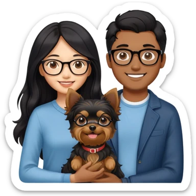“An Asian girl with long, wavy black hair flowing freely stands beside her smiling boyfriend—a brown-skinned man with a middle part hairstyle and glasses. They are holding a small Yorkshire Terrier together.” sticker