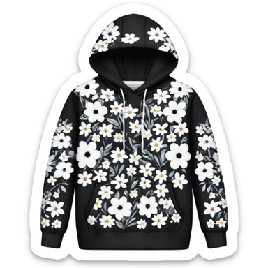The BLACK Denim Tears Hoodie features a black base with medium-sized black and white flowers. Each flower has a white outer ring with an open, hollow center, giving it a bold and distinctive look. These ring-like floral patterns are scattered across the hoodie, covering the front, sleeves, and hood for a balanced yet eye-catching design. sticker