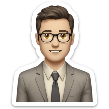 Pale skinned fit man with dark brown hair in gray jacket, beige office shirt, brown tie, brown pants and vintage glasses Writing on the marker board sticker